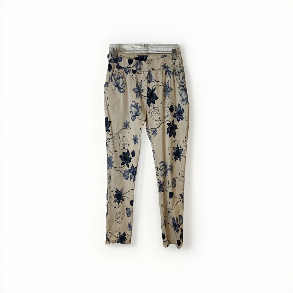 Tina Stephens Pants‎ Women M Tan Blue Floral Print Stretch Made in Italy